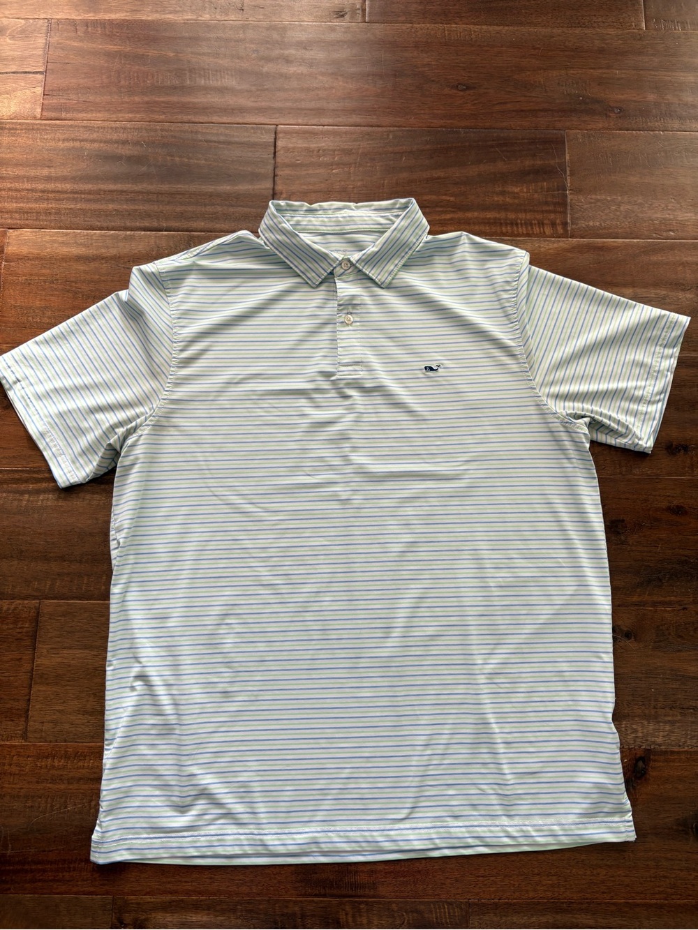 Vineyard Vines Men’s Light Blue and Green Striped Polo